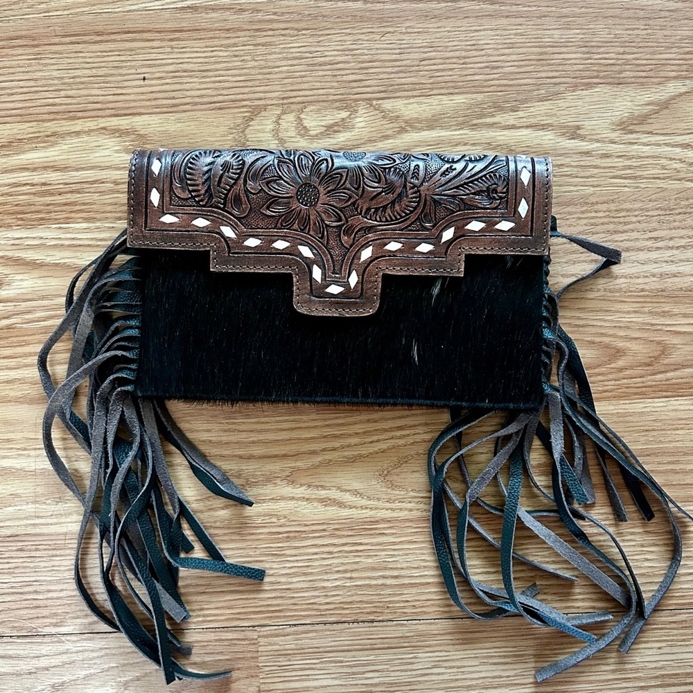 NEW Handmade Leather Tooled Brown Cowhide & Fringe Clutch